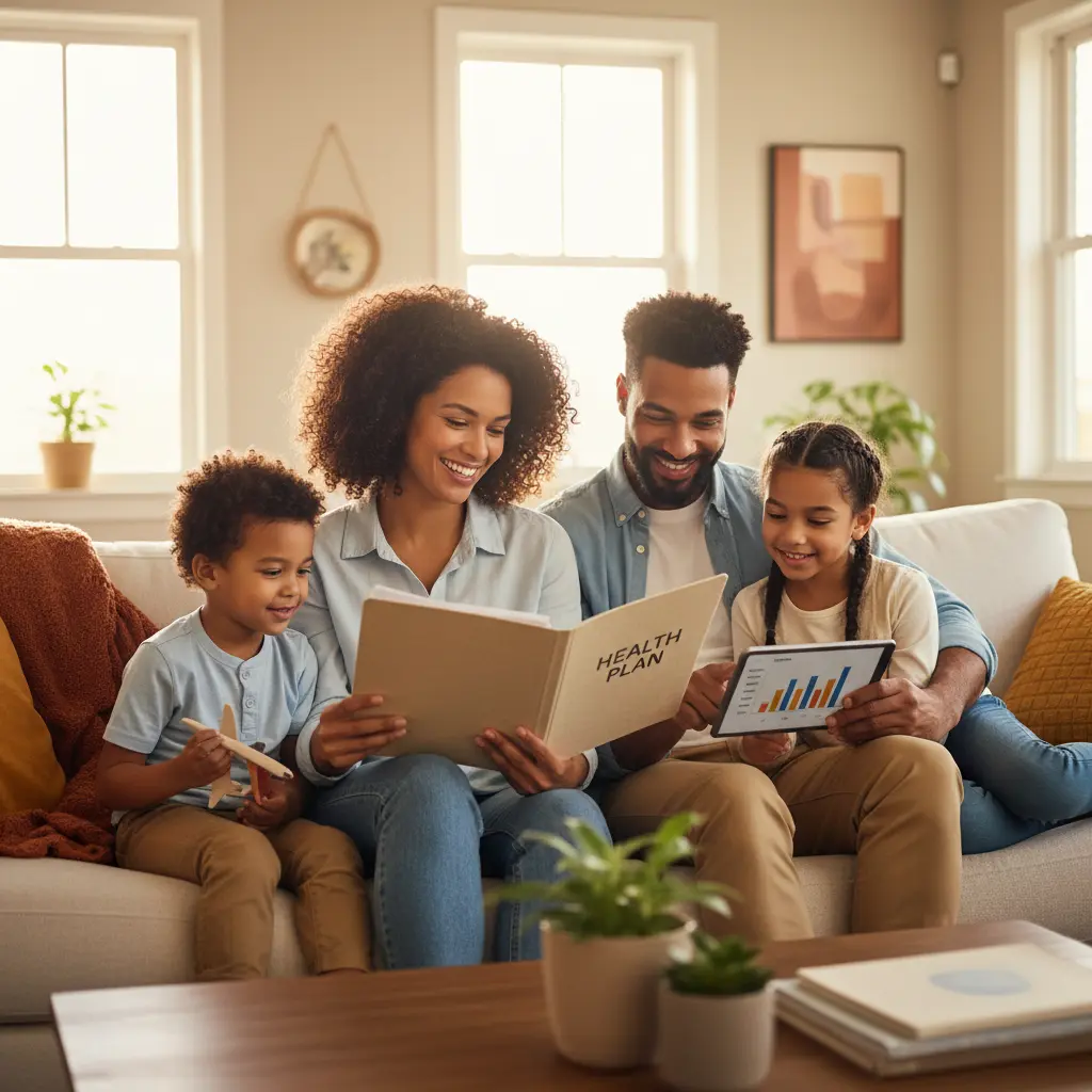 Smiling family sitting on a couch reviewing a health plan folder and a tablet.