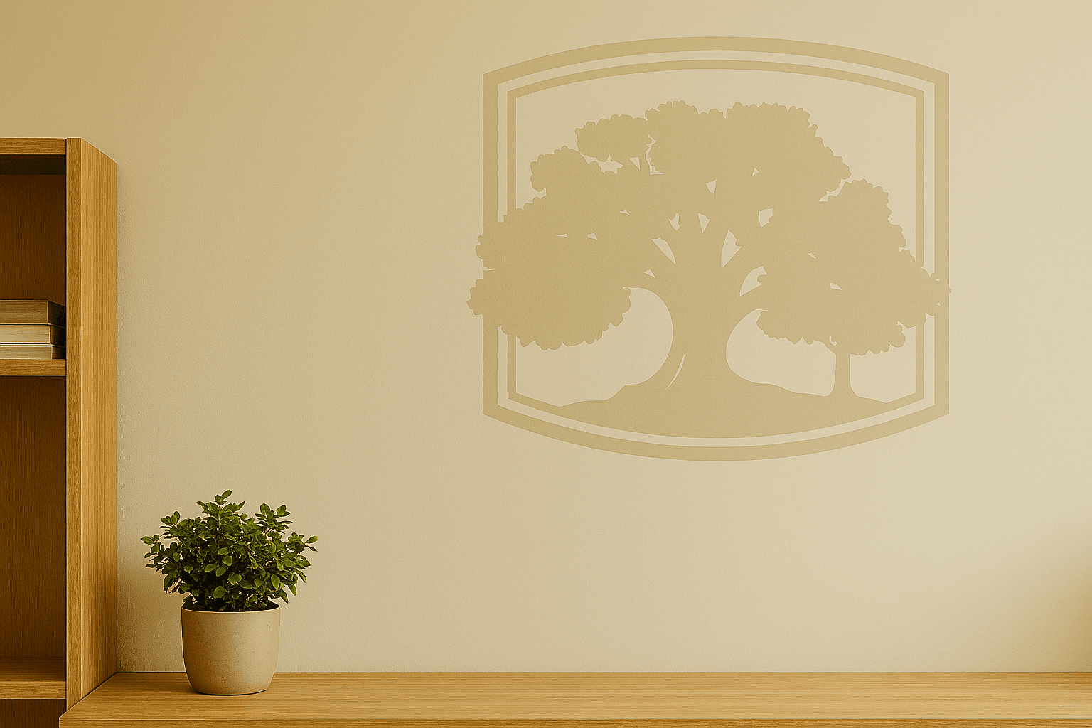 Oak tree logo decal on a beige wall above a small green potted plant.